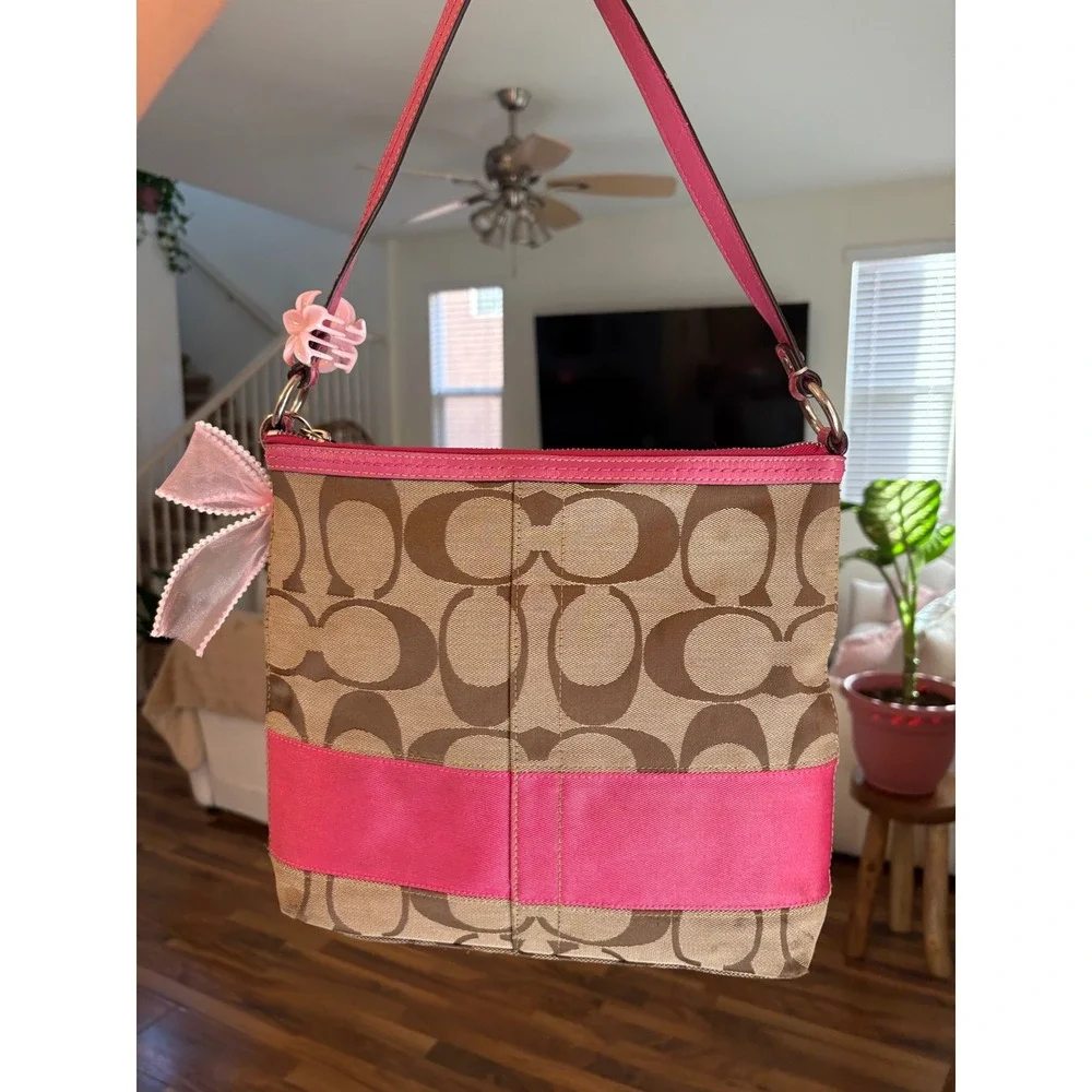 Coach Signature Khaki Pink Leather Trim Small Hobo Shoulder Bag F13674